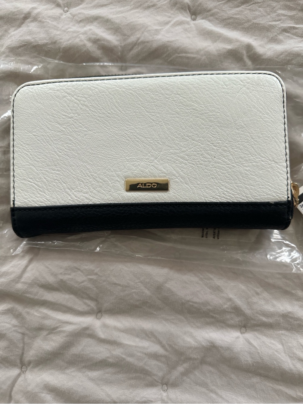 ALDO White and Black Zip-Around Wallet with Gold Logo